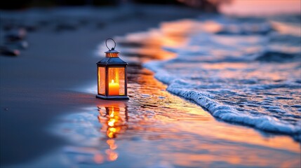 A lit lantern with a candle sits on a sandy beach, with waves gently lapping around it at sunset. The warm glow of the candle contrasts with the cool tones of t
