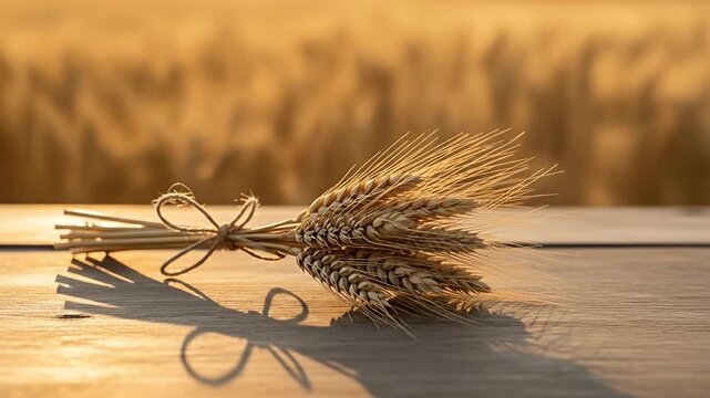 Golden Wheat Sheaf on Wooden Table with Field Background.