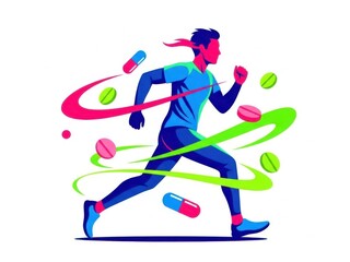 Obraz premium Vibrant vector illustration of a male athlete running fast surrounded by colorful performance enhancing pills and capsules isolated on white background