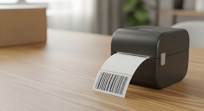 Small label printer producing a barcode for parcel delivery on a modern wooden table, representing e-commerce and logistics concept with copy space