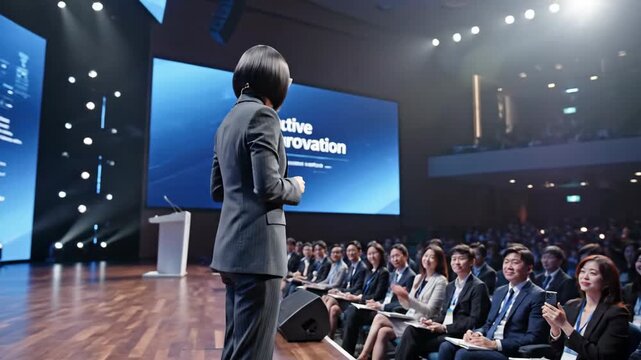 Professional woman presenting complex data on large screen stage conference event