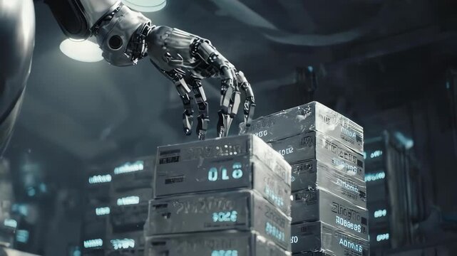 Robot arm stacking boxes in a futuristic warehouse