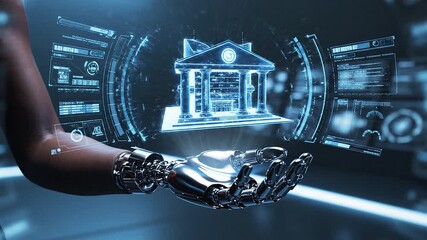 Robotic hand displays holographic bank building and data interfaces - Powered by Adobe