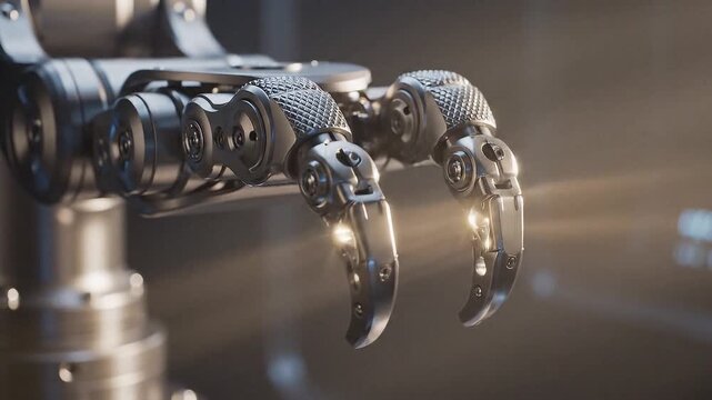 Robotic arm with metallic claw on blurred background