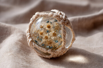 Beautiful handcrafted glass orb with dried flowers and intricate macrame design resting on soft fabric