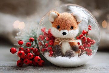 Cute felt fox surrounded by red berries in a glass snow globe on a winter day