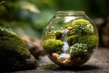 Miniature terrarium with waterfall and lush greenery displayed in a clear glass container