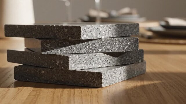 Stack of four speckled grey coasters on a wooden table