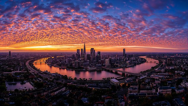 Aerial panorama of frankfurt at sunset over main river - Powered by Adobe