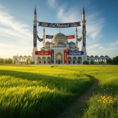 Eid Mubarak mosque with banners in a field of green grass under a blue sky.