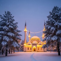 Snowy Mosque at Night: A serene winter scene of a mosque illuminated against a twilight sky.