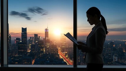 Businesswoman reviews financial report with cityscape skyline sunset view - Powered by Adobe