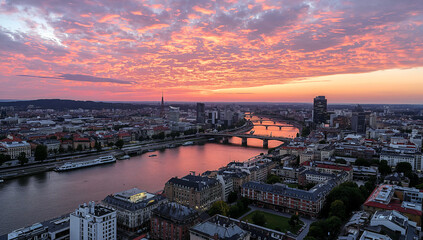 Obraz premium Aerial view of frankfurt at sunset reflections on river