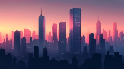 Fototapeta premium Modern city skyline at sunset featuring silhouetted skyscrapers against a vibrant gradient sky.