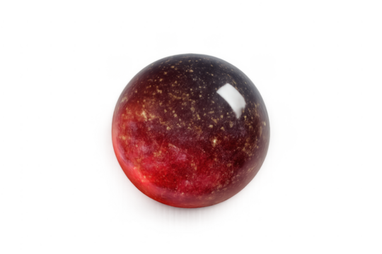 Red shiny sphere reflecting light on transparent background