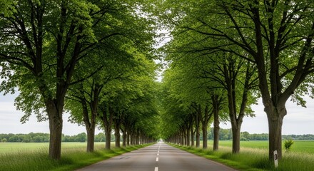 Fototapeta premium Long Tree-Lined Avenue Tunneling Through Lush Green Foliage, A Straight Road Through Verdant Fields Under a Bright Sky in the Countryside