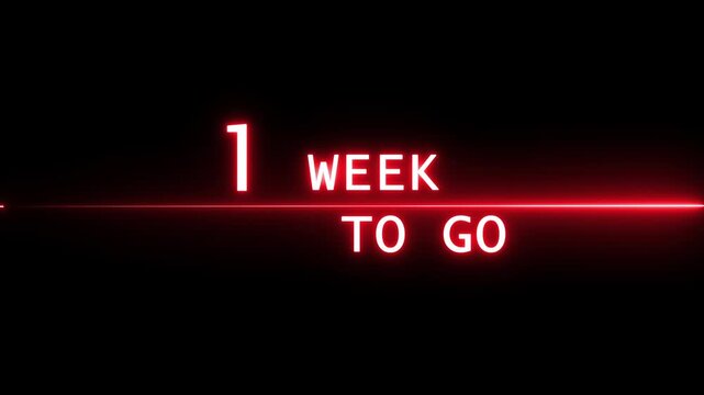 Counting 1 weeks to go animation.  Counting number. Neon calendar number concept.