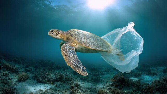 An underwater shot shows a sea turtle, tangled in a plastic bag, in a sunlit ocean