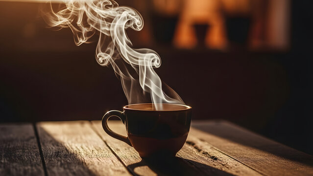 Steaming hot coffee cup on wooden table with artistic smoke rising in warm light