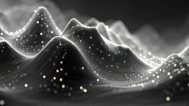 Abstract black and white waves form digital mountain landscape. Glowing particles float above flowing wireframe terrain. Topographic lines modern futuristic background.