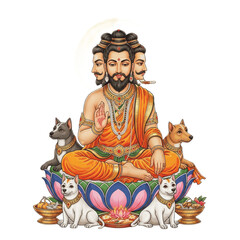 Hindu God Lord Dattatreya with Three Heads and Four Dogs on Lotus Seat PNG Oil Paint