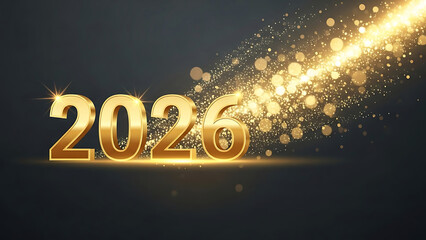 Golden 2026 numbers with sparkling light particles and bokeh year