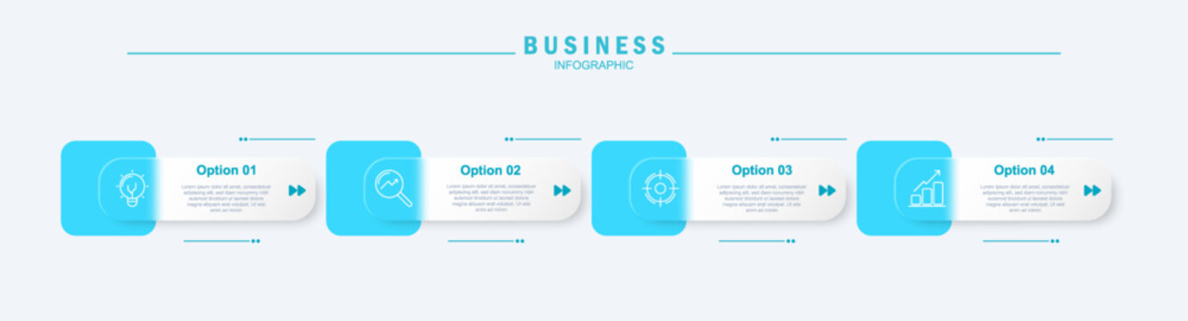 Business infographic labels with icons and 4 steps, ideal for process diagrams, workflow presentations, flowcharts, banners, and corporate infographics.