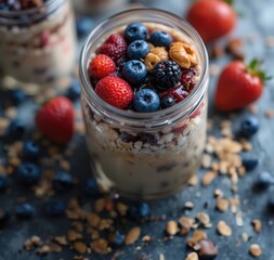 A healthy and colorful breakfast jar of overnight oats topped with fresh raspberries, blueberries, blackberries, strawberries, peanut butter, and crunchy nuts. 