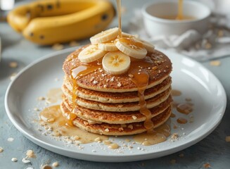 Fluffy Pancake Stack Topped with Fresh Banana Slices and Dripping Honey in Warm Golden Tones