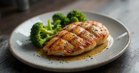 Juicy grilled chicken breast glazed with savory herb butter sauce, served with bright green steamed broccoli florets on a rustic plate.