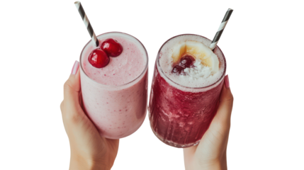 Two hands holding up glass of coconut smoothie and cherry soda on transparent background