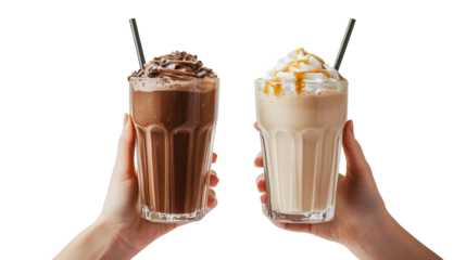 Two hands holding delicious milkshakes isolated on transparent background