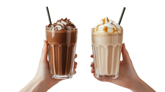 Two hands holding delicious milkshakes isolated on transparent background