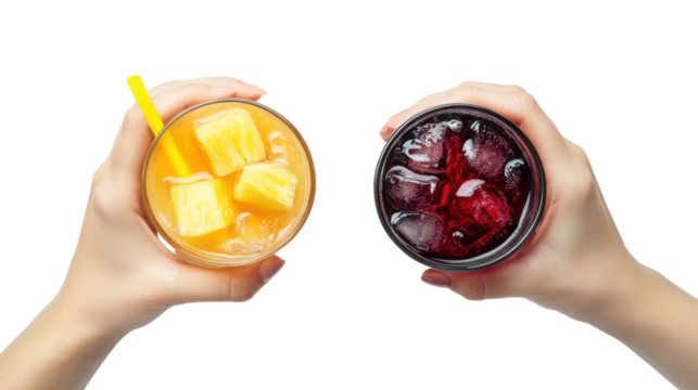 Two hands holding refreshing drinks with ice and fruit isolated on transparent background