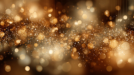 Golden shining abstract background, horizontal banner, lights, confetti, boheh, fesive christmas or New Years Eve celebration banner