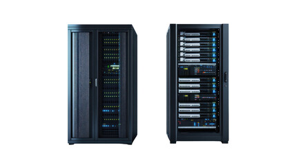 Two black computer server towers isolated on transparent background