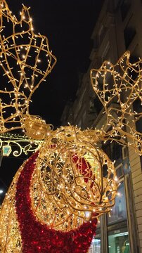 Majestic Golden Reindeer Christmas Light Display on City Street at Nigh