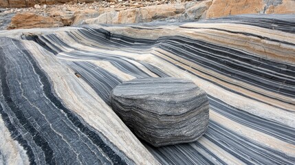 Close-up of a layered rock formation with a stone in a natural environment, showcasing geological patterns and textures, with neutral lighting.