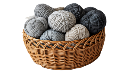 Basket full of soft wool yarn balls in neutral colors
