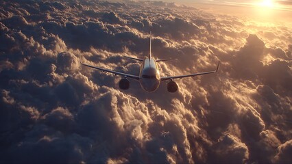 Majestic airplane soars through dramatic golden clouds at sunset, inspiring dreams of adventure and escape