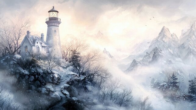 A watercolor painting of a lighthouse perched on a snowy cliffside, overlooking a misty mountain range. The scene is set in winter with bare trees and a soft, e