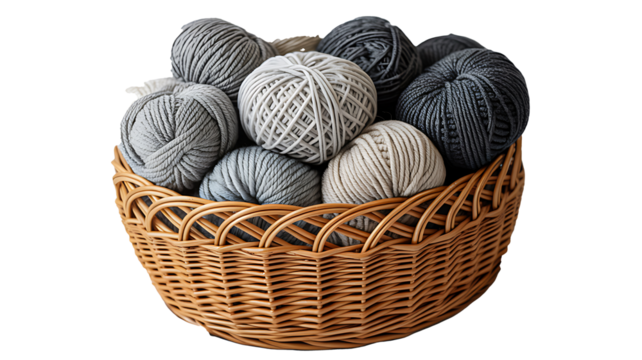 Basket full of soft wool yarn balls in neutral colors
