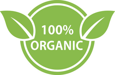 100% organic seal label badge natural product certification stamp green leaves eco friendly sign vector