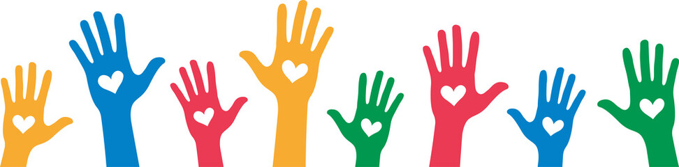 volunteer hands with hearts colorful bottom line