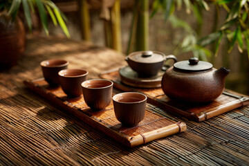 Relaxing tea ceremony setup with teapot and cups on bamboo table