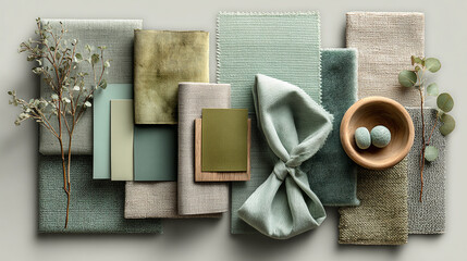 Warm eucalyptus - green, olive pastel, mint, pistacchio - color moodboard with marble, flowers and fabric samples - horizontal banner, color of the year moodboard

