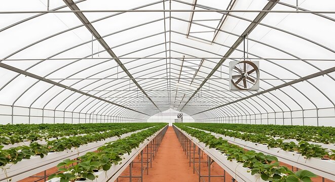 A greenhouse interior with rows of plants, highlighting sustainable agriculture, controlled environment farming, and modern horticultural practices