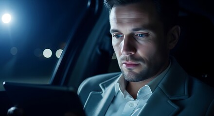 A focused businessman in a car at night, illuminated by the glow of his tablet, showcasing modern connectivity and the demands of professional life