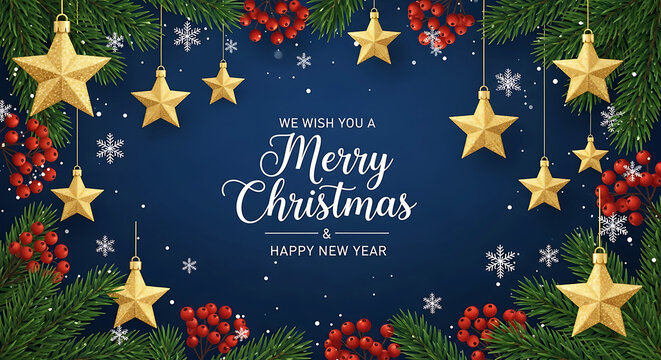 Golden stars and red berries on pine branches with Merry Christmas text image - Powered by Adobe