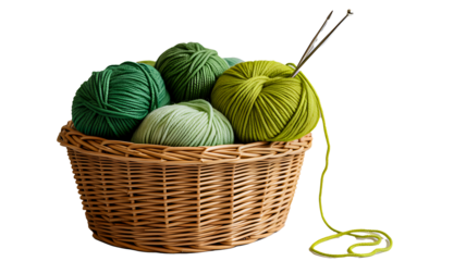 Basket of green yarn balls with knitting needles on white background
